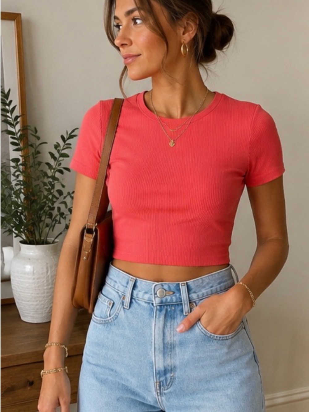 Reformation Coral Ribbed Short Sleeve Crop Top